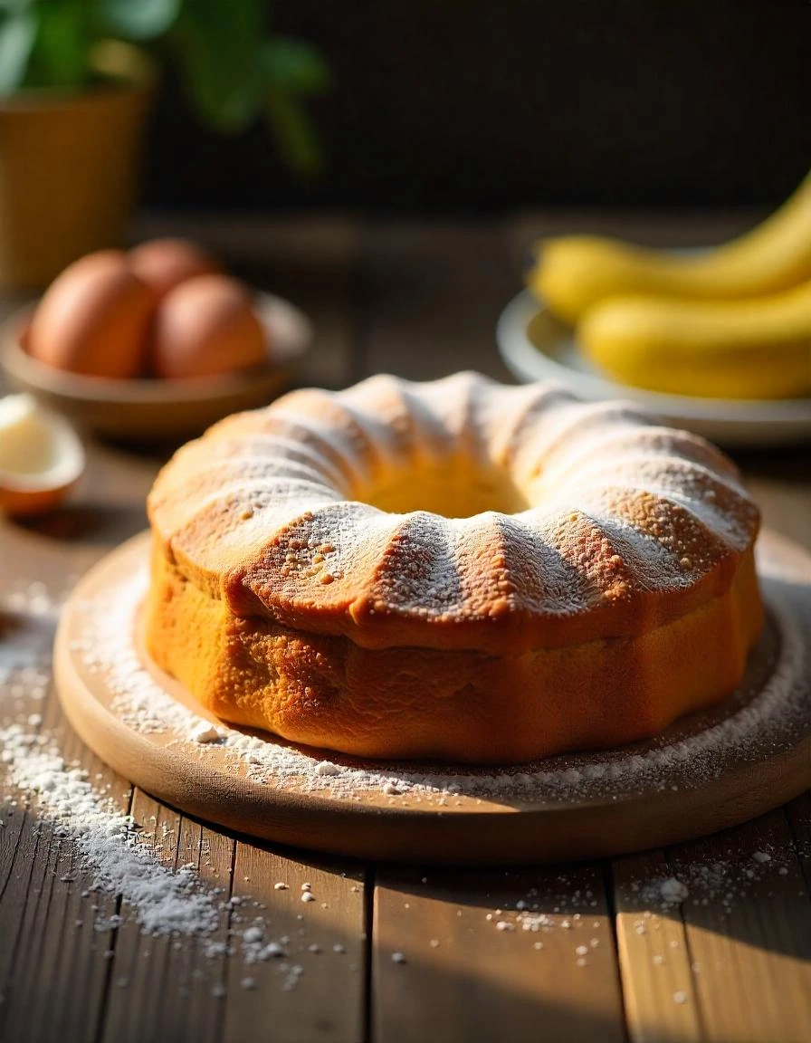 A freshly baked banana cake with a golden-brown crust, served on a wooden plate with banana slices on the side