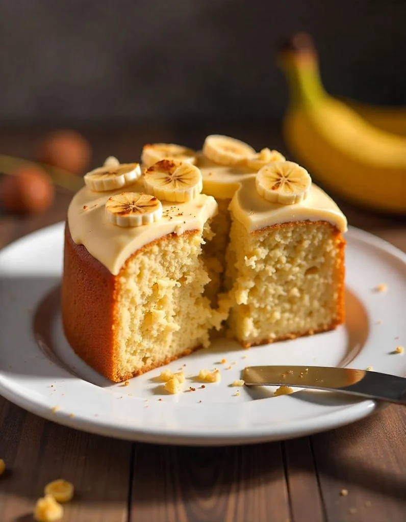 A freshly baked banana cake with a golden-brown crust, served on a wooden plate with banana slices on the side